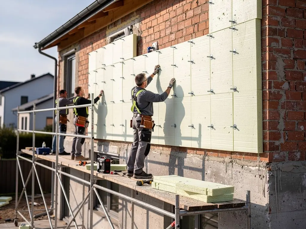 Ouvrier fixant des plaques d'isolant sur une façade, vu depuis l'échafaudage