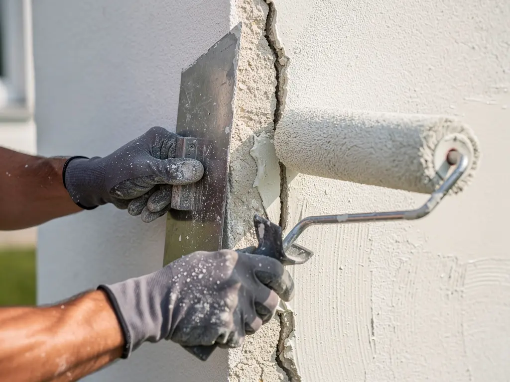 Reprise des fissures et application de la peinture de façade au rouleau